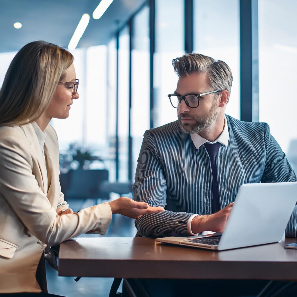 Professionelles Beratungsgespräch an einem Laptop