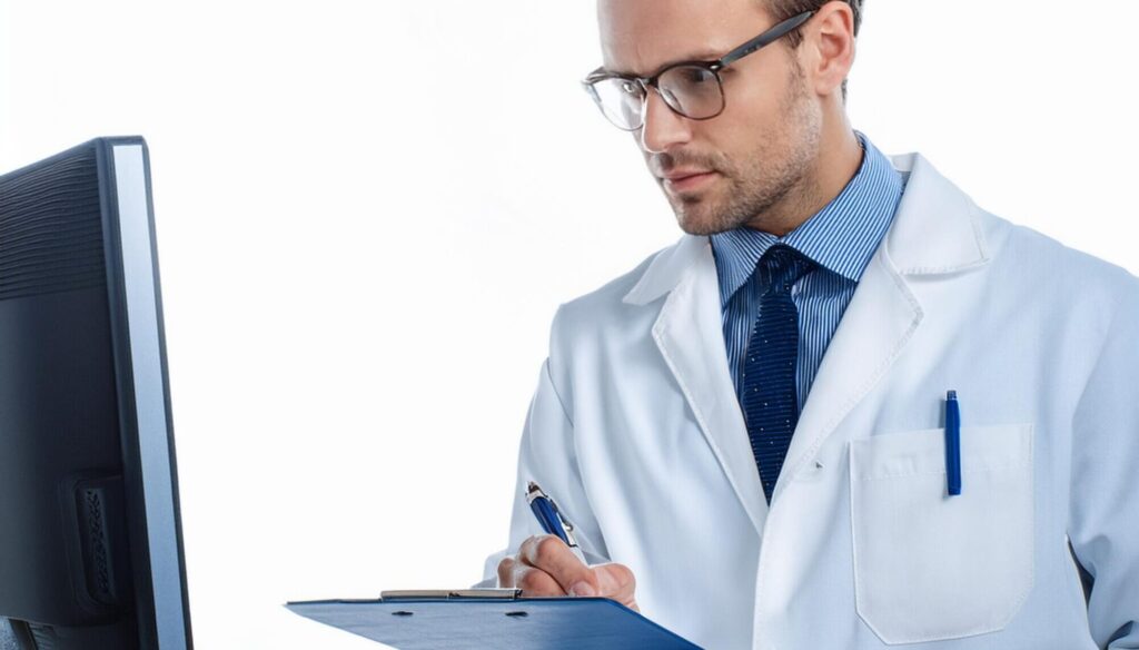 Mann mit Checkliste bewertet eine Internetseite auf Barrierefreiheit