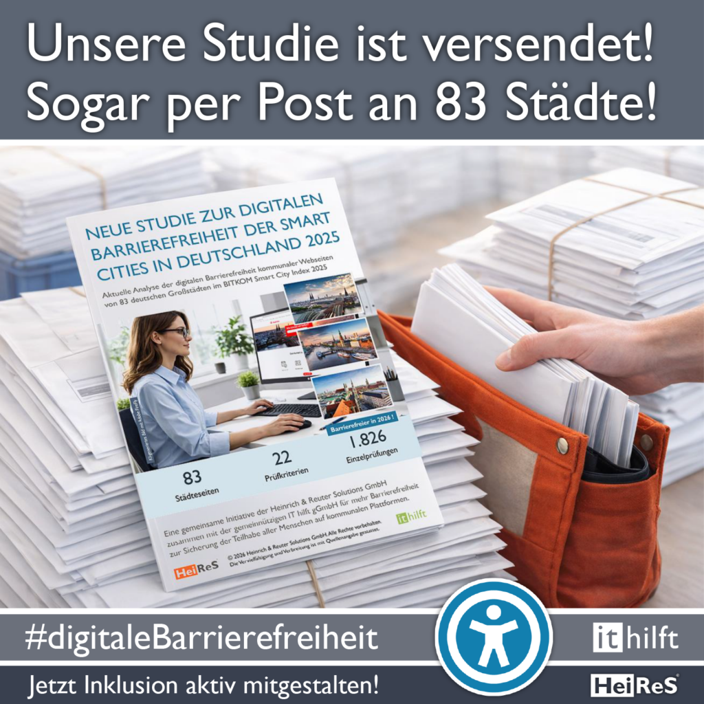 Die Studie ist auf dem Weg! Per Post an alle Städte! Viele Briefe und eine Hand mit einer Posttasche. auf einem der Briefstapel liegt die neue Studie zur digitalen Barrierefreiheit der Smart Cities in Deutschland 2025