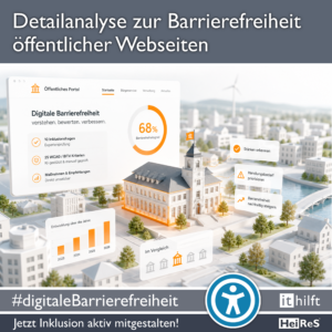 Detailanalyse zur Barrierefreiheit öffentlicher Webseiten. Stilisierte Oberfläche eines öffentlichen Portals zur digitalen Barrierefreiheit über einer Miniaturstadt, mit 68 % Barrierefreiheitsgrad und hervorgehobenem Verwaltungsgebäude.