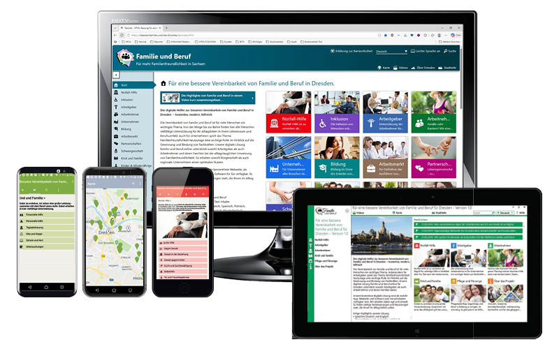 Darstellung der Hilfsangebote der Webseite Familie-und-Beruf.online in verschiedenen Bildschirmgrößen.